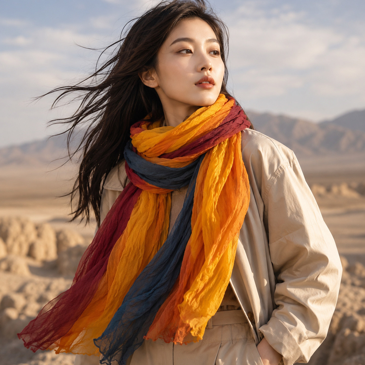 棉麻围巾女2026新款秋冬季韩版拼色文艺百搭长款薄披肩亚麻丝巾