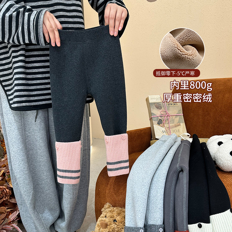 女童加绒加厚打底裤童装25冬季无骨贴条缝合900克加厚打底裤百搭