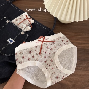 sweet小铺简约碎花田园可爱少女内裤字母中腰蝴蝶结三角内裤大码