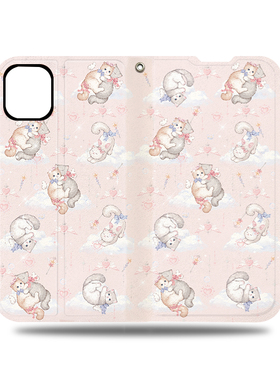 原创粉红猫咪翻盖折叠手机壳适用苹果16151413PROMAX华为安卓三星