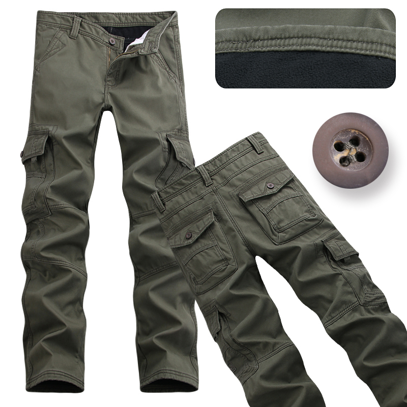 秋冬季青年男士加绒加厚直筒多口袋工装裤户外运动耐磨宽松休闲裤