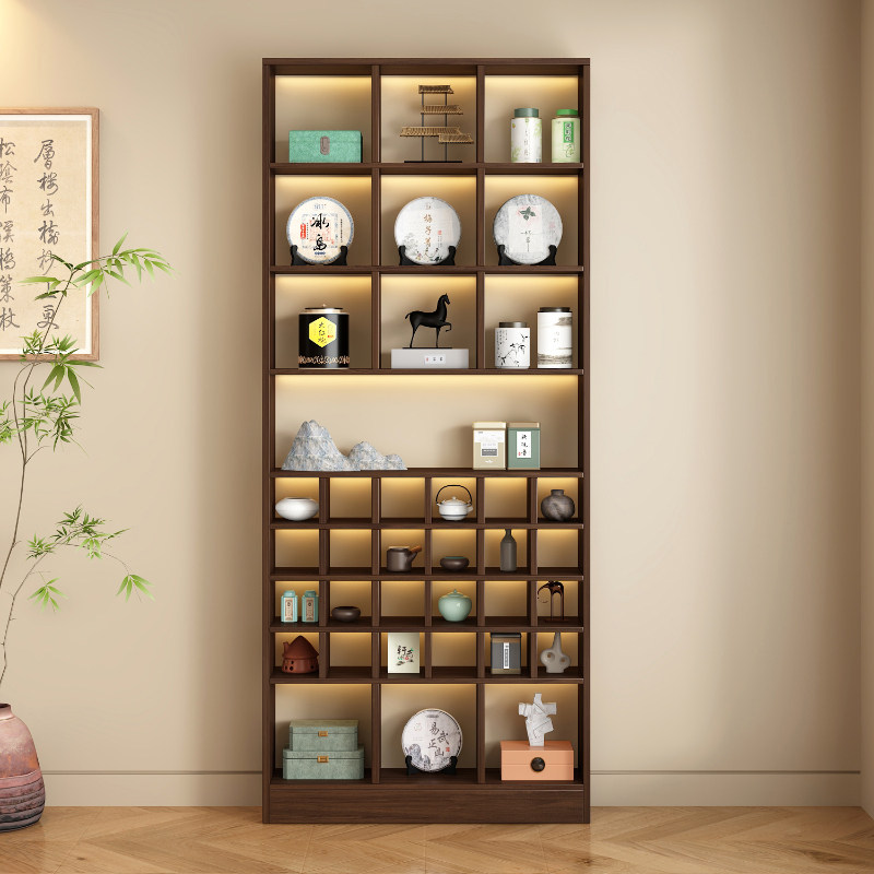定制实木生态板落地格子架多宝格中式茶壶陶艺茶饼展示架创意铺货图片
