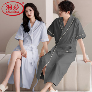 浴袍薄款 浪莎情侣睡袍女士夏季 简约男士 纯棉短袖 家居服浴衣 中长款