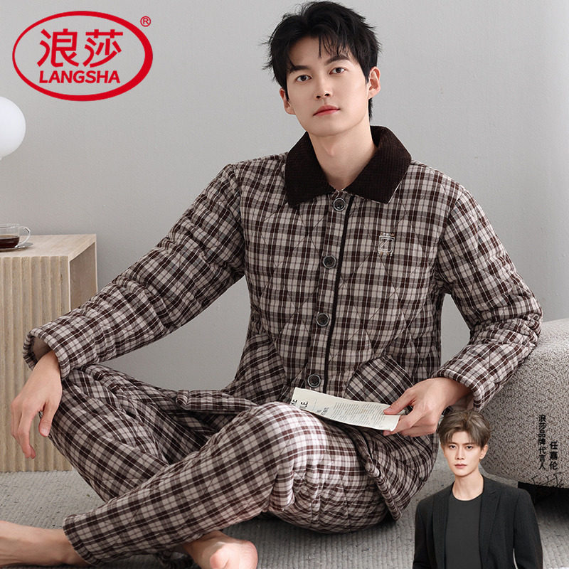 男款睡衣秋冬新款三层夹棉纯棉加厚冬天大码特厚保暖家居服两件套