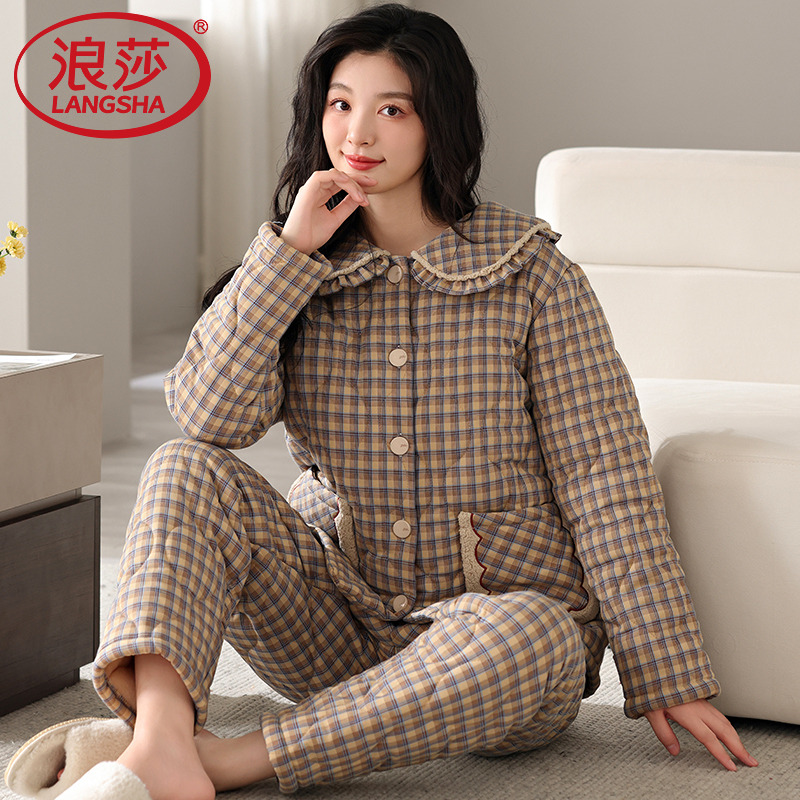 浪莎睡衣女士冬季纯棉夹棉家居服