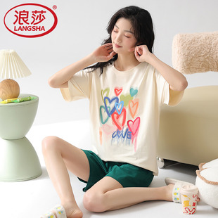 款 短裤 浪莎夏季 睡衣女短袖 纯棉薄款 甜美家居服宽松小清新两件套装