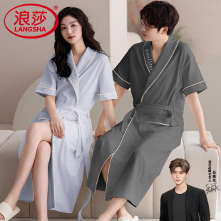 浴袍薄款 浪莎情侣睡袍女士夏季 简约男士 中长款 家居服浴衣 纯棉短袖
