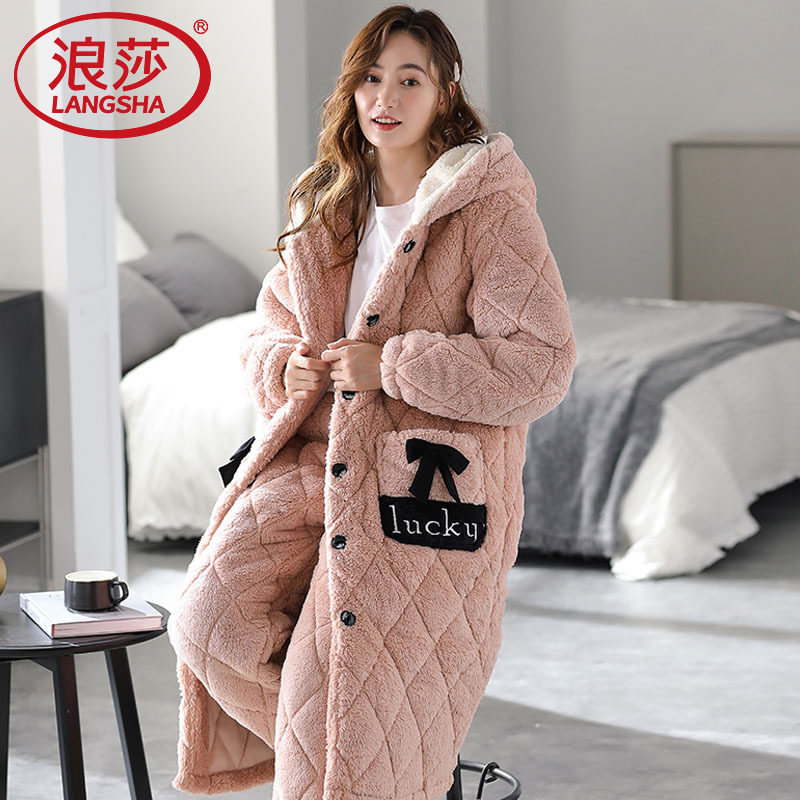 浪莎睡衣女冬季珊瑚绒加厚保暖法兰绒浴袍冬天连帽睡袍家居服套装