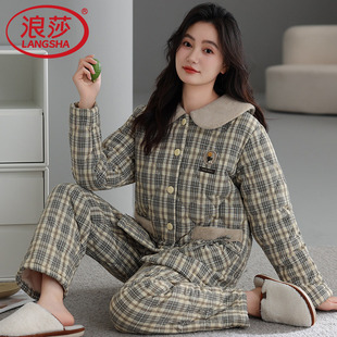 睡衣女士冬季新款三层加厚纯棉夹棉冬款特厚可外穿柔软舒适家居服