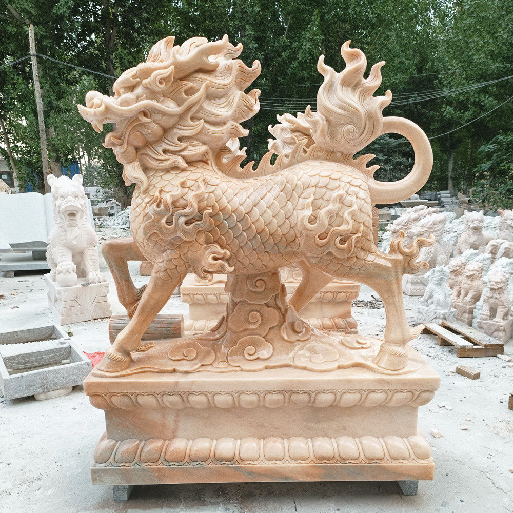 晚霞红火麒麟一对 门口摆件大理石雕刻 花岗岩中式走势貔貅独角兽