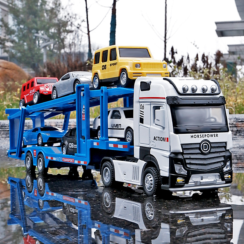 双层汽车运输车模型儿童玩具车仿真车模男孩半挂平板拖车带小汽车