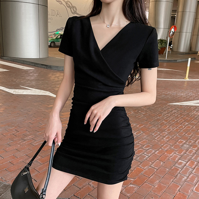 黑色连衣裙女2023新款夏季小个子裙子足浴柔式技师工装性感工作服