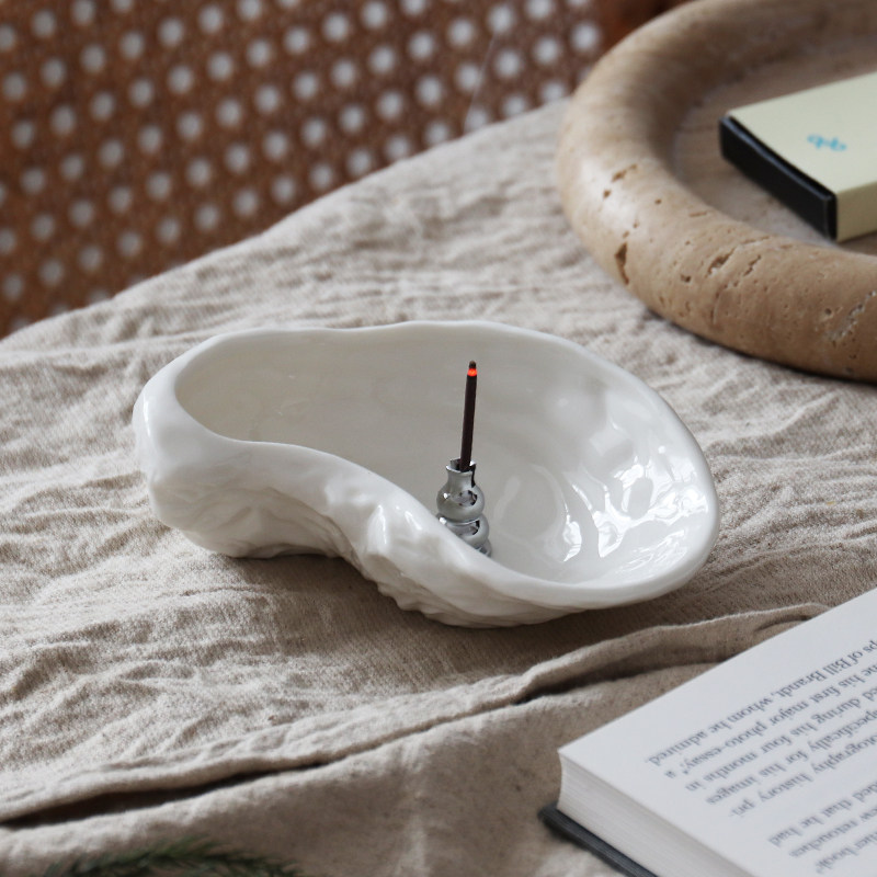 WULIHOME  白色贝壳陶瓷香插不锈钢香盘禅意瑜伽茶室冥想