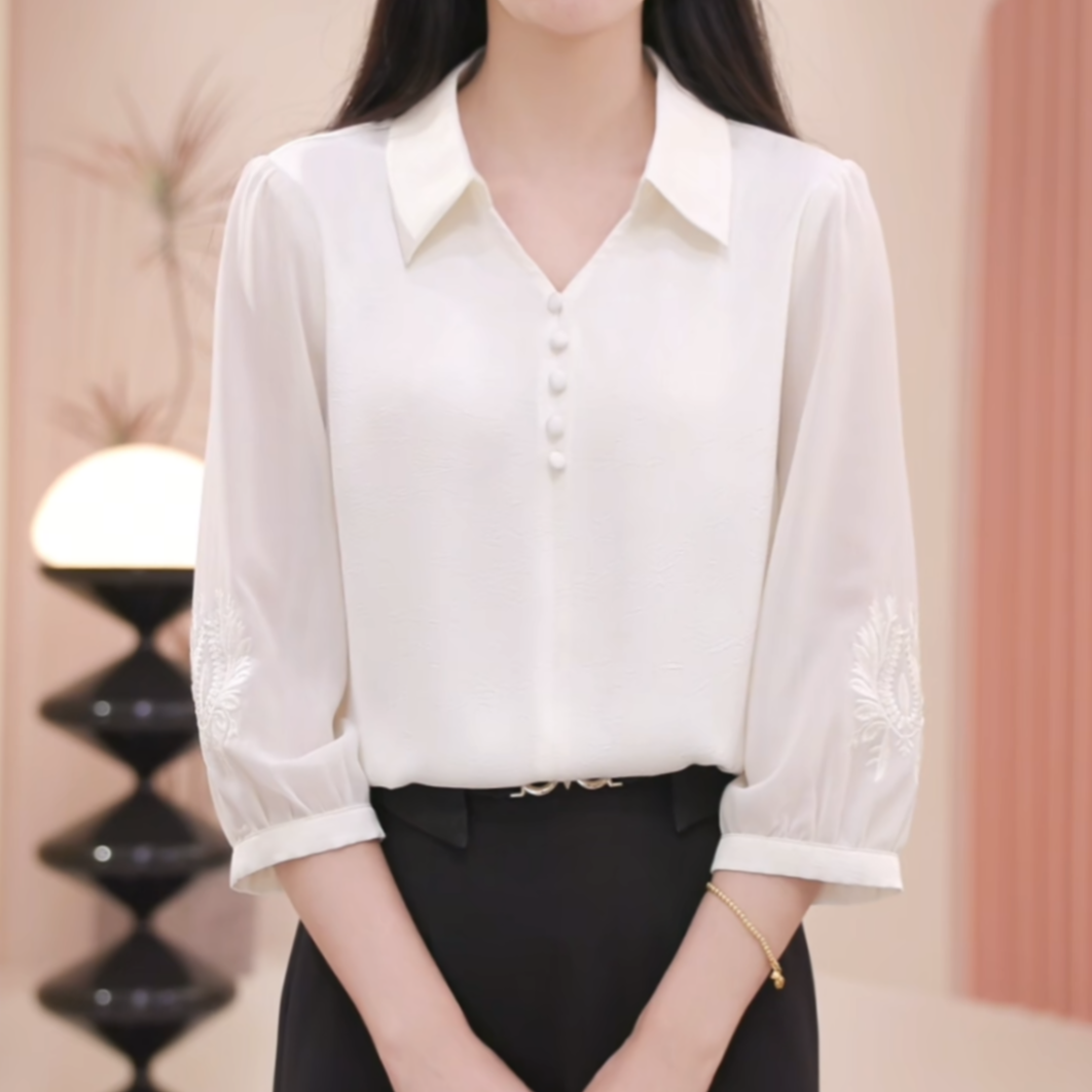 夏季立领纯色衬衫上衣减龄百搭女衬衫