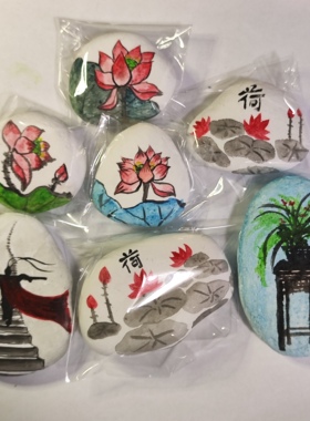 石头画成品绘画石手绘彩绘青花瓷手工diy手工儿童节幼儿园小礼物