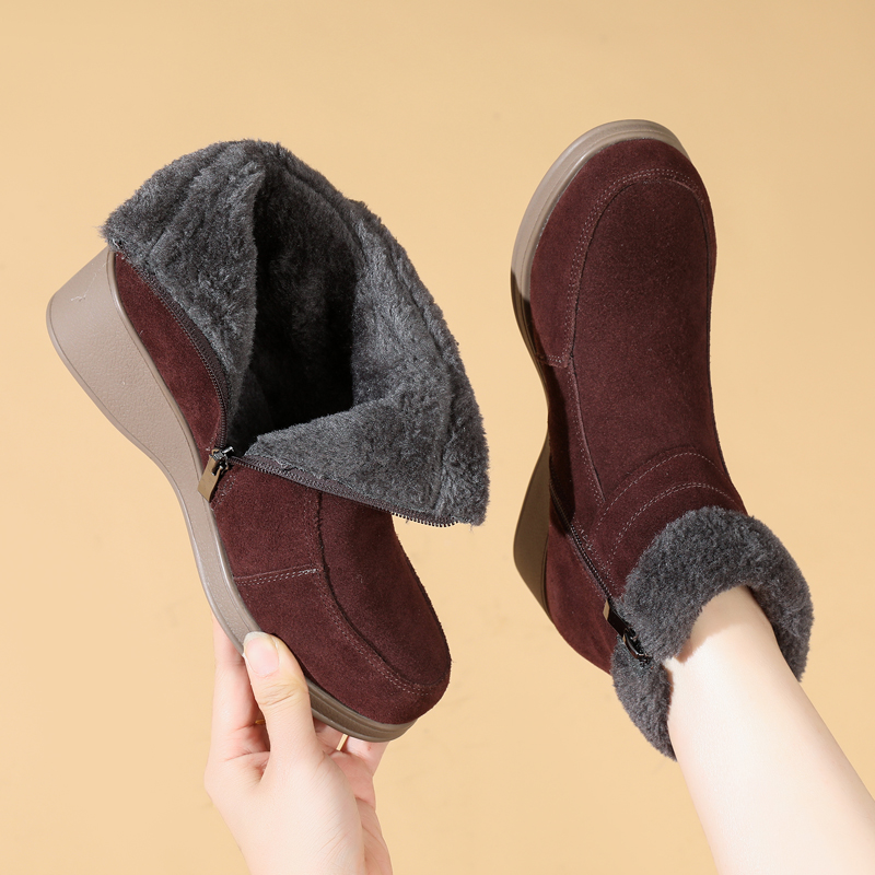 磨砂真皮保暖雪地靴坡跟妈妈棉鞋