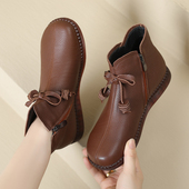 妈妈鞋 真皮平跟加绒短靴中老年保暖棉鞋 女大码 秋冬季 防滑软底皮鞋