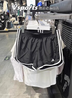 正品阿迪达斯女子夏季训练跑步三条纹黑色修身运动休闲短裤IC5184