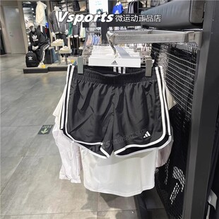 正品 训练跑步三条纹黑色修身 运动休闲短裤 IC5184 阿迪达斯女子夏季