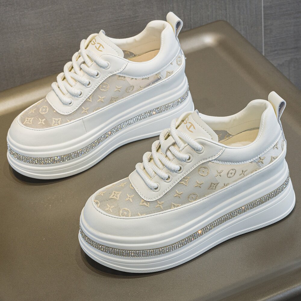 2026夏厚底小白鞋女碎花水钻网面透气运动休闲鞋小个子显高松糕鞋