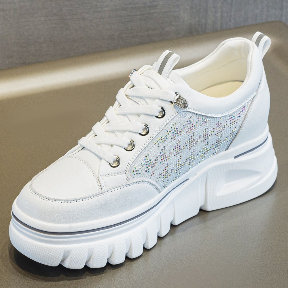 2026新款真皮厚底小白鞋松糕鞋水钻运动休闲鞋增高7cm系带女单鞋