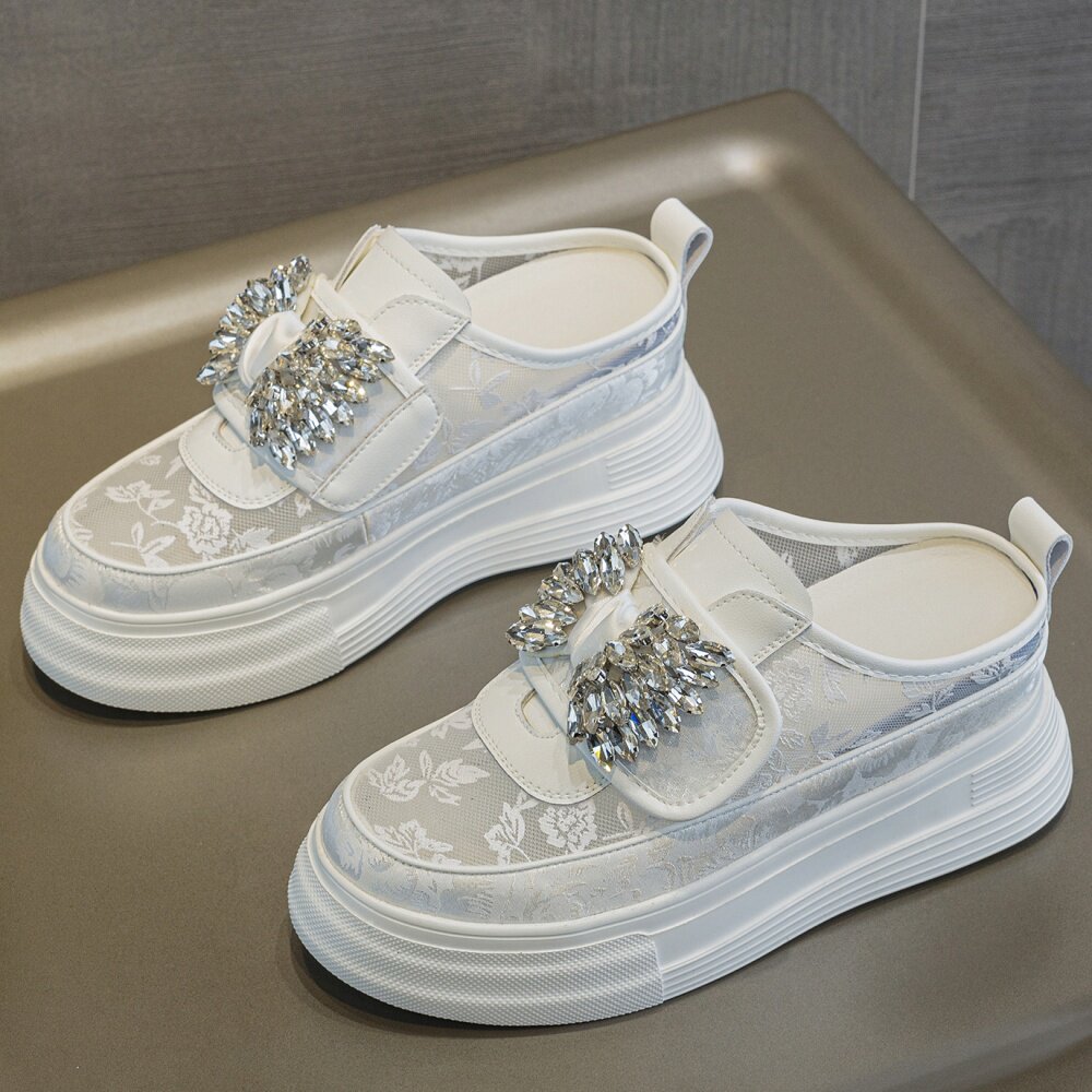 2026夏季新款包头水钻半拖鞋女透气网面厚底一脚蹬懒人鞋百搭外穿