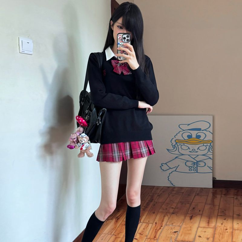 藤野中/原创jk毛衣长袖V领刺绣针织衫秋冬学生校供感jk格裙套装女