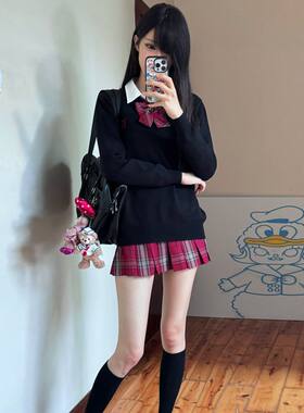 藤野中/原创jk毛衣长袖V领刺绣针织衫秋冬学生校供感jk格裙套装女