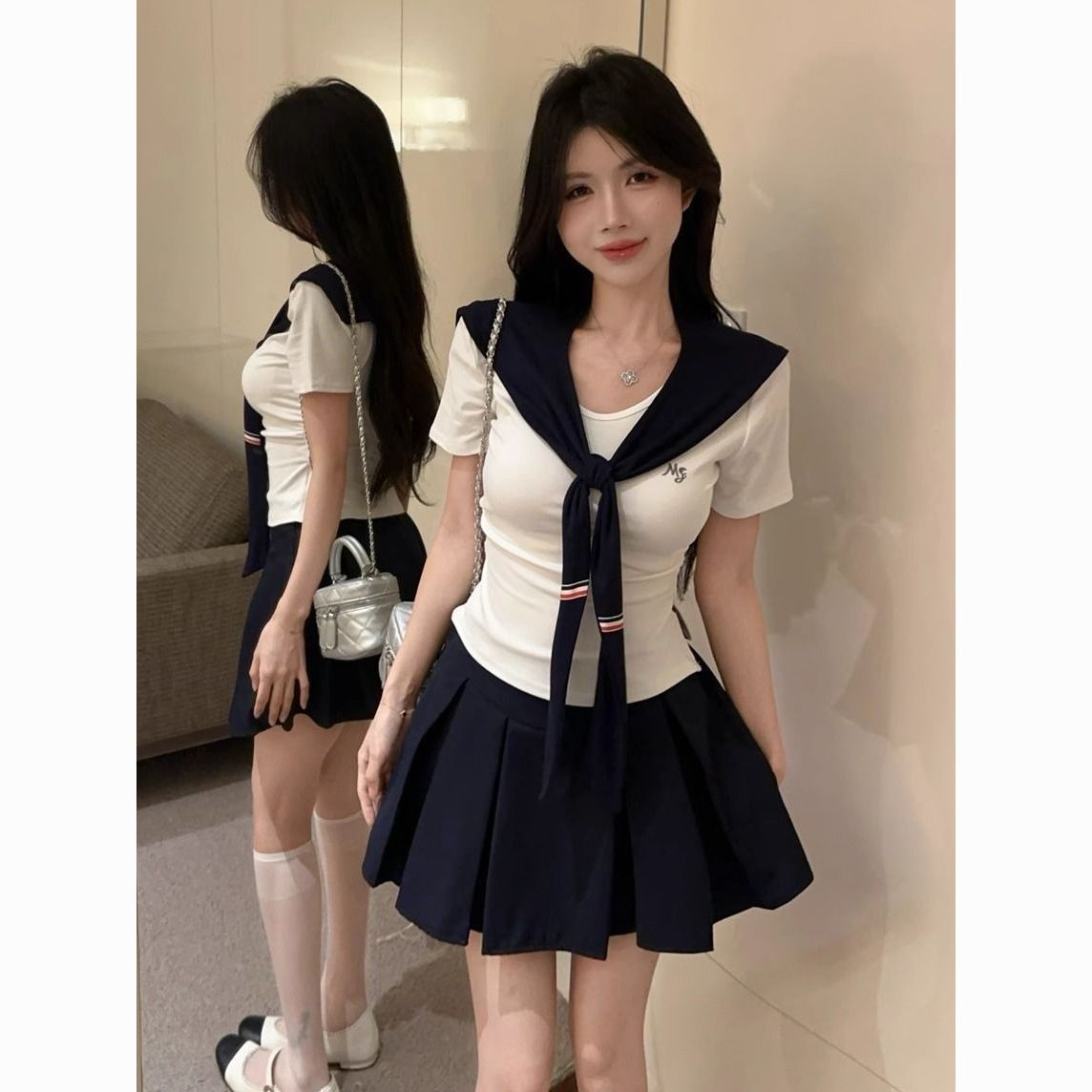 夏季学院风jk制服气质性感辣妹海军领修身短袖T恤上衣高腰百褶裙