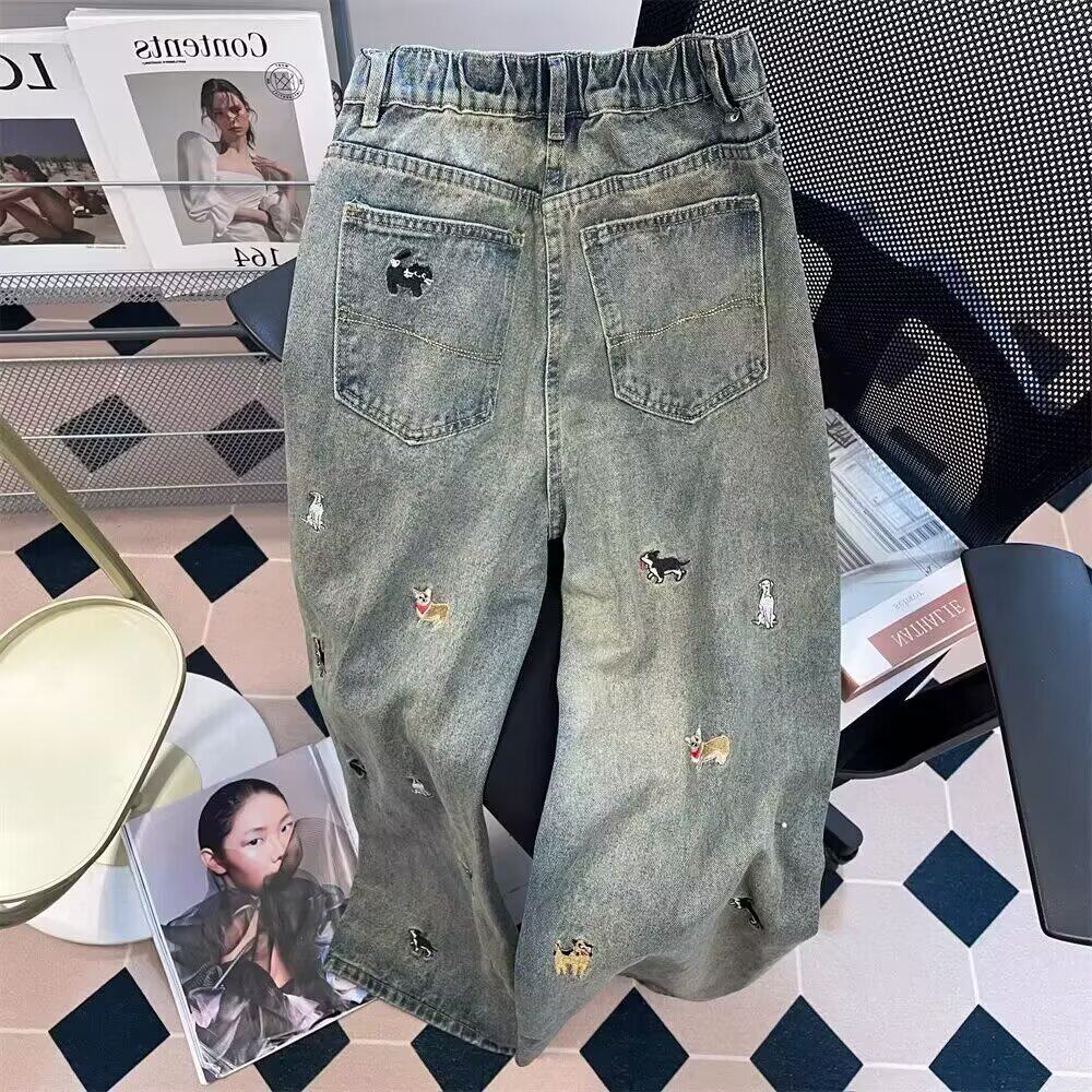 美式复古童趣小狗刺绣牛仔裤男春秋季设计感宽松直筒休闲阔腿裤子