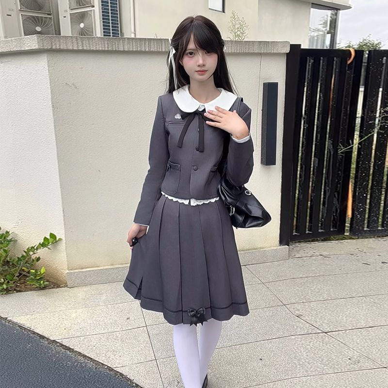 秋季新款原创jk小西装搭配圆领衬衫箱褶裙修身套装叠穿JK制服