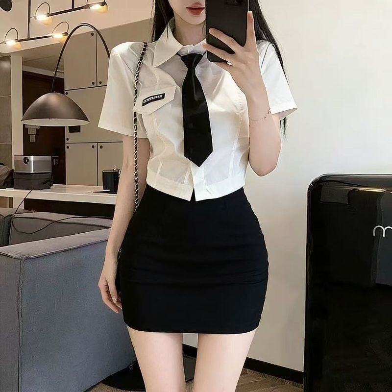 2026纯欲风短款衬衫女修身领带收腰上衣搭配百搭包臀裙jk制服套装