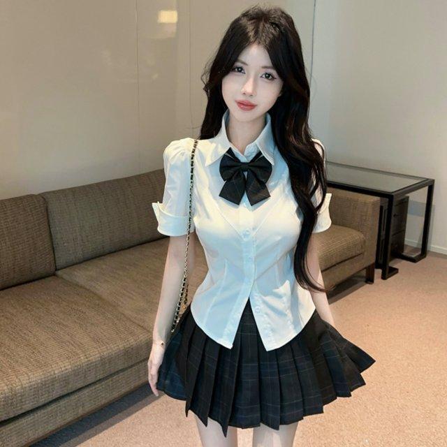 学院风jk裙少女全套夏季纯欲辣妹短袖收腰衬衫学生格子百褶裙套装