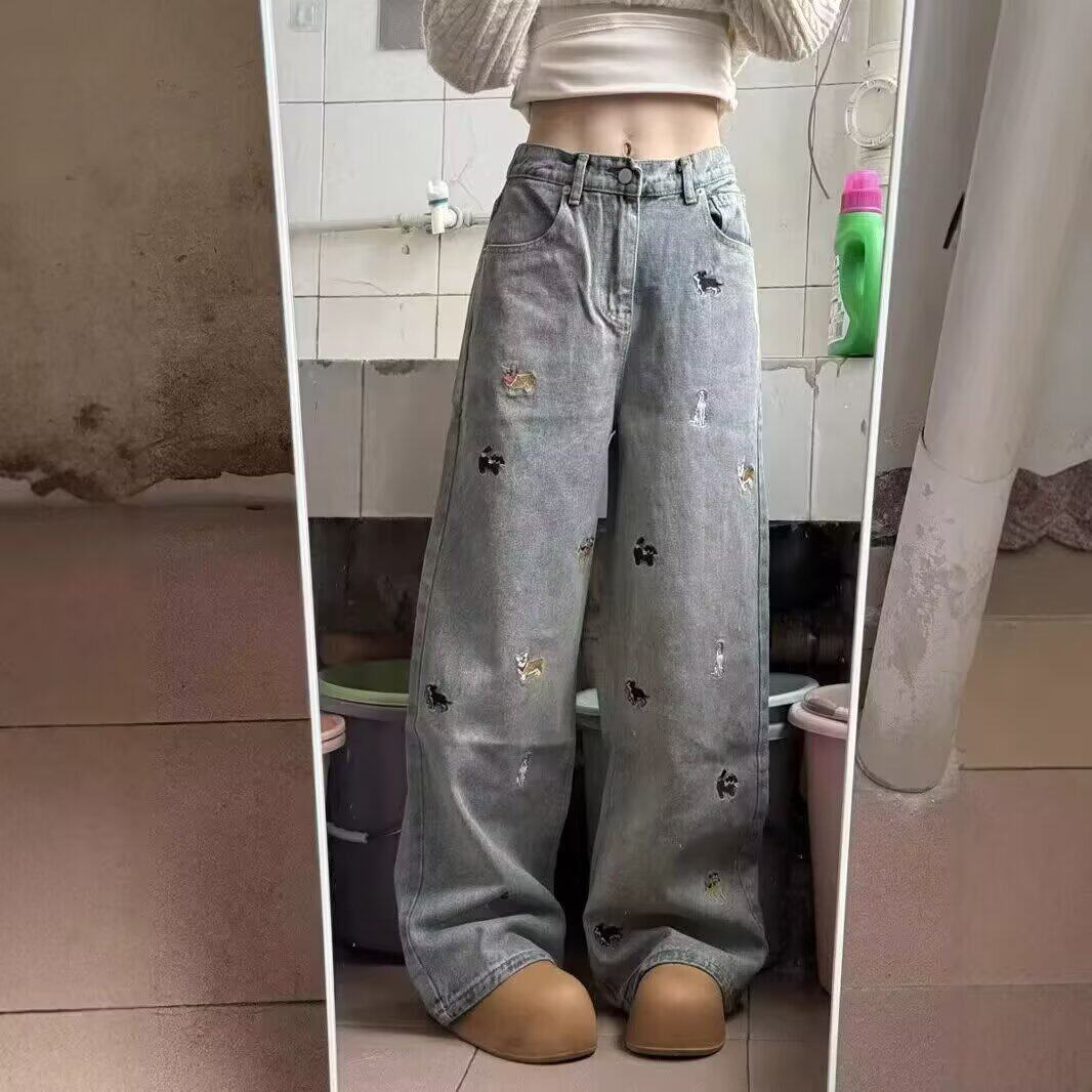 趣味卡通小狗刺绣水洗牛仔裤男女高街宽松直筒阔腿裤显瘦拖地裤子
