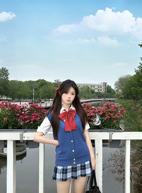 兔纯希【蓝莓精灵】现货jk原创正版格裙蓝色马甲学院风女套装甜美