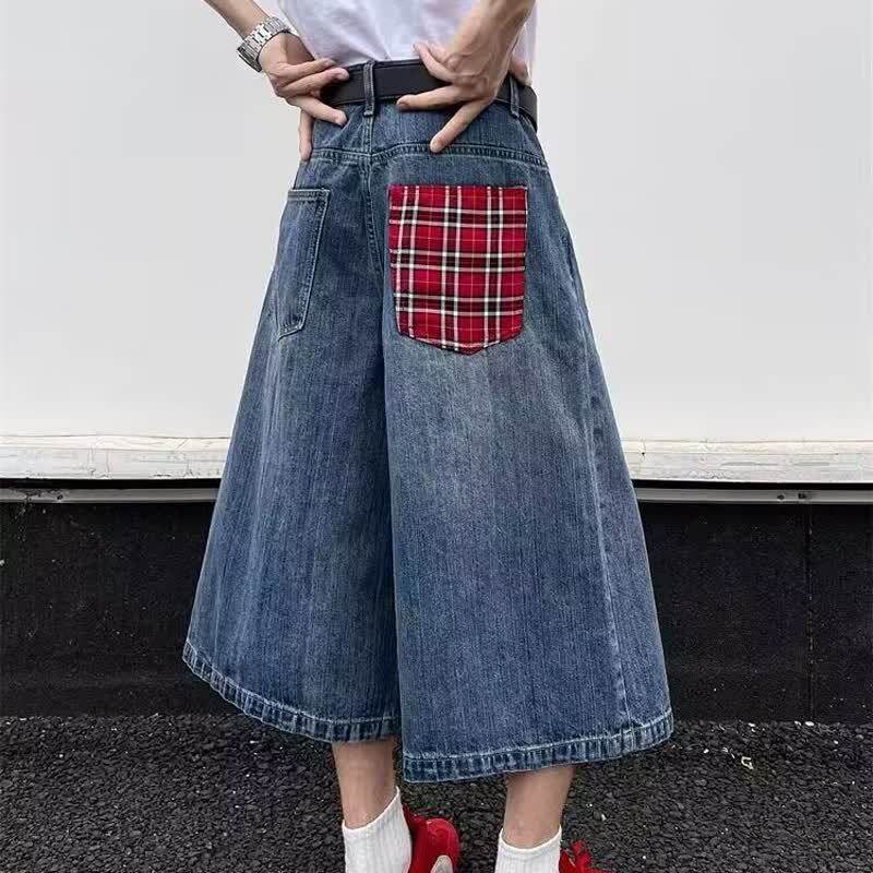 设计感口袋拼接格子牛仔裤男女2026夏季新款高腰直筒七分牛仔中裤