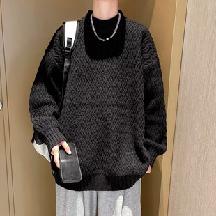 日系麻花长袖毛衣男女款套头宽松圆领线衣内搭ins潮秋冬季针织衫