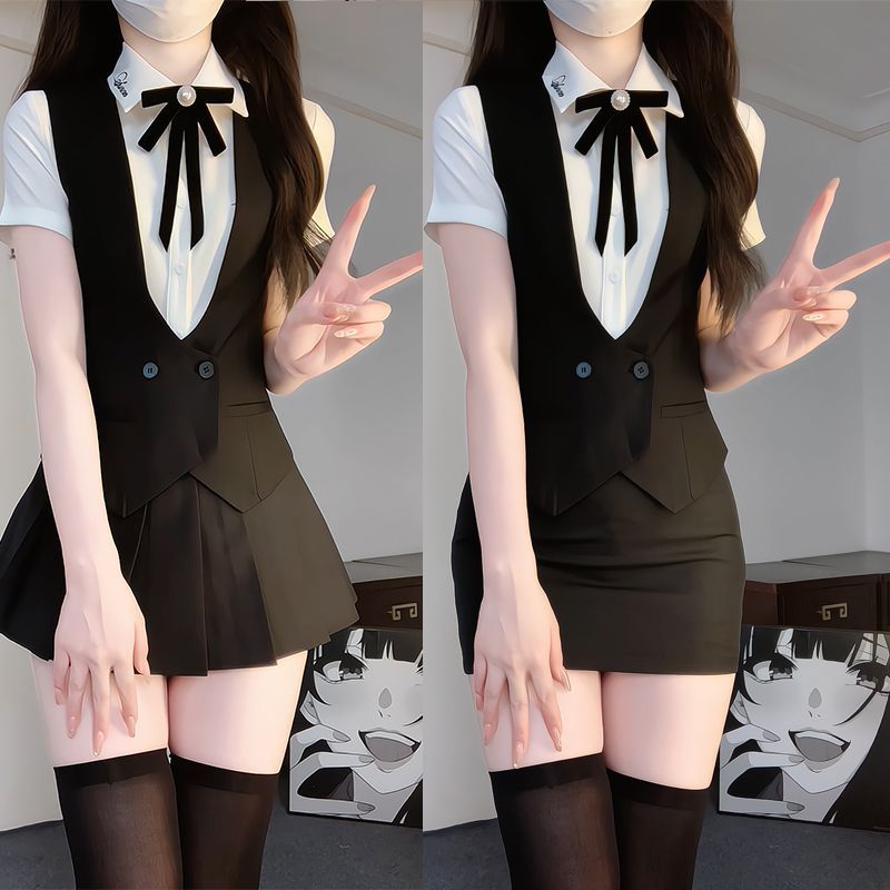 学院风JK制服三件套女2026春夏V领马甲百褶裙短袖衬衫蝴蝶结套装