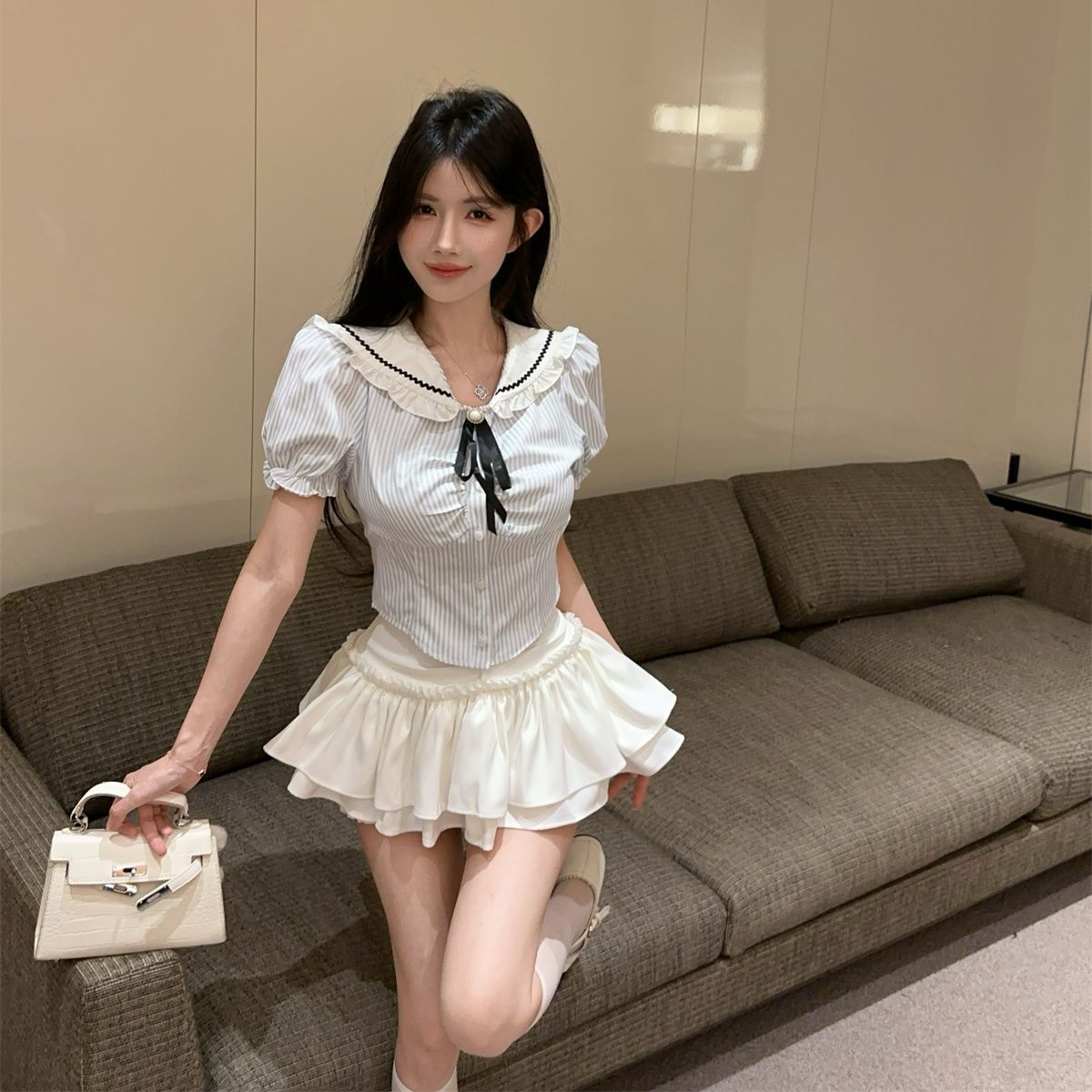 学院风制服辣妹jk时尚套装纯欲条纹短袖衬衫高腰蓬蓬蛋糕裙新款潮