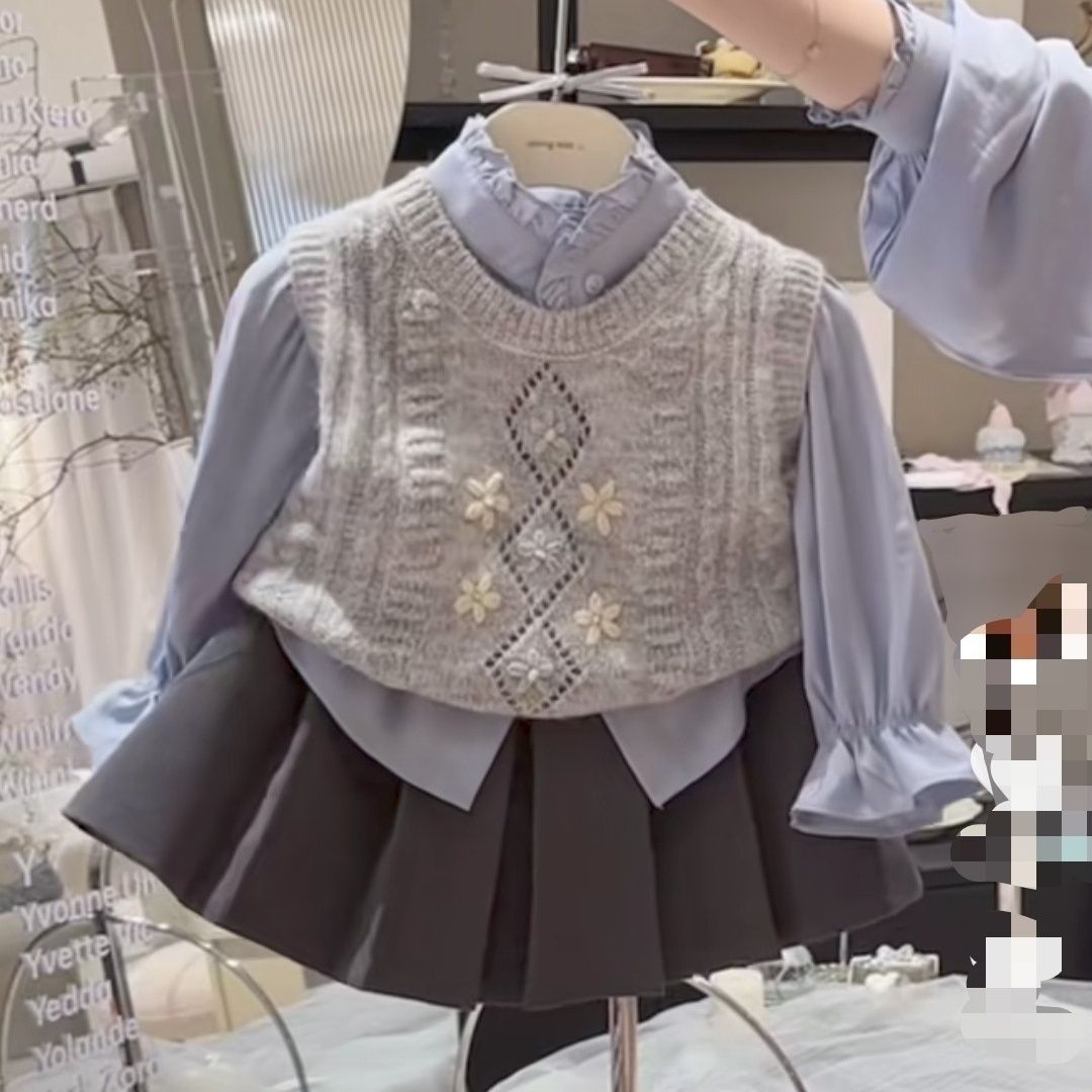 女童春秋新款套装学院风衬衫针织马甲百褶裙三件套儿童宝宝两件套