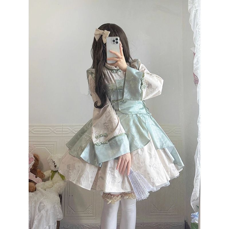 现货中华风Lolita改良旗袍汉服少女连衣裙长袖op春季日常百搭