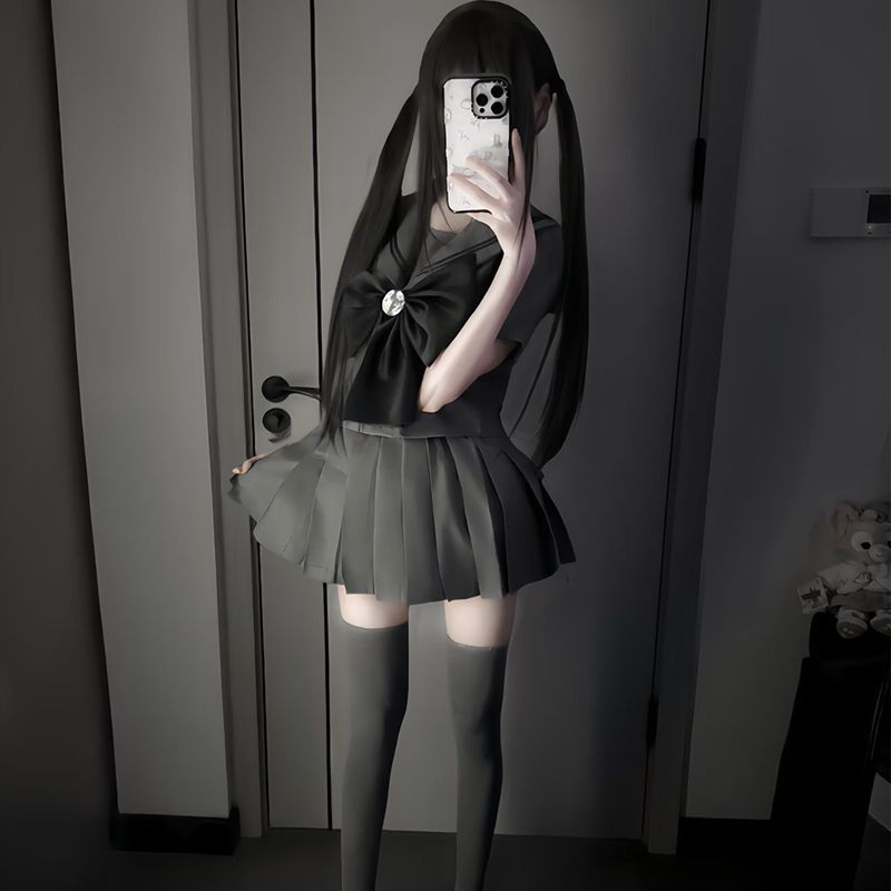 大蝴蝶结灰色原创正版jkJK制服二本日系水手服短袖套装校供百褶裙