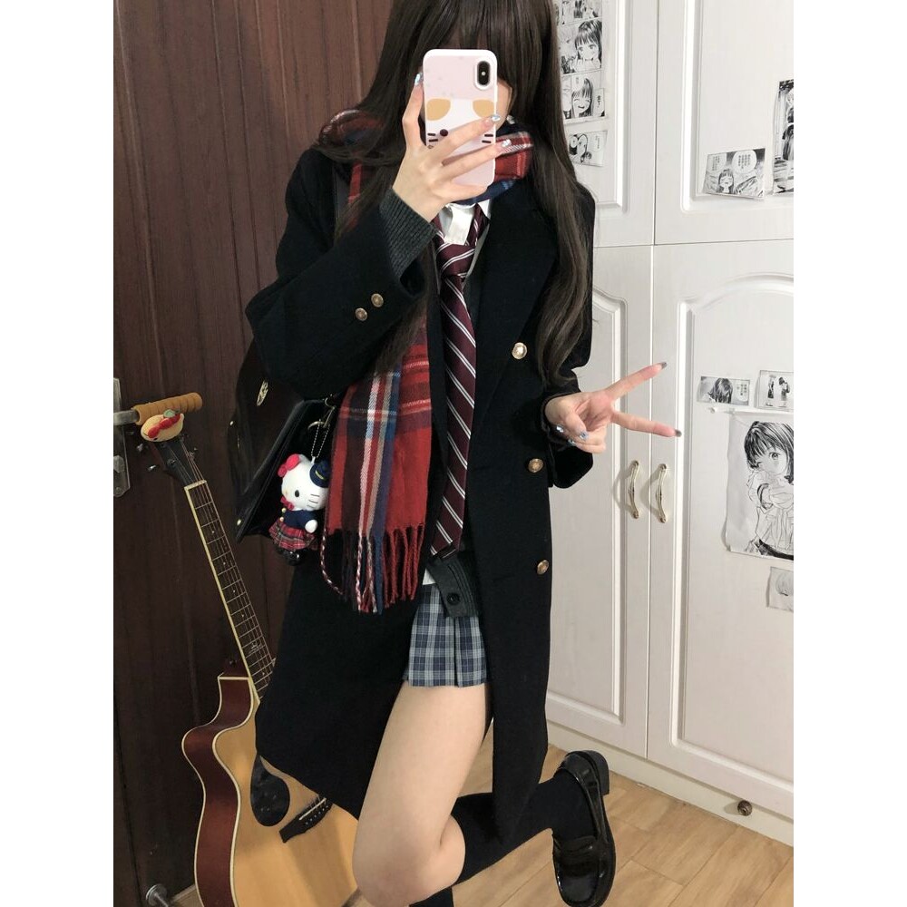 空栗鼠丸原创jk制服毛呢大衣外套女秋冬季学院风小个子黑色中长款