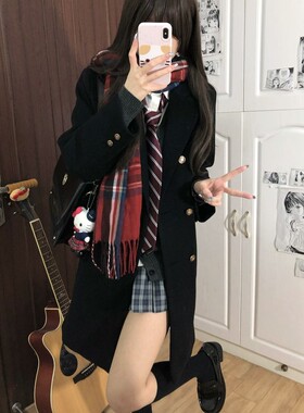 空栗鼠丸原创jk制服毛呢大衣外套女秋冬季学院风小个子黑色中长款