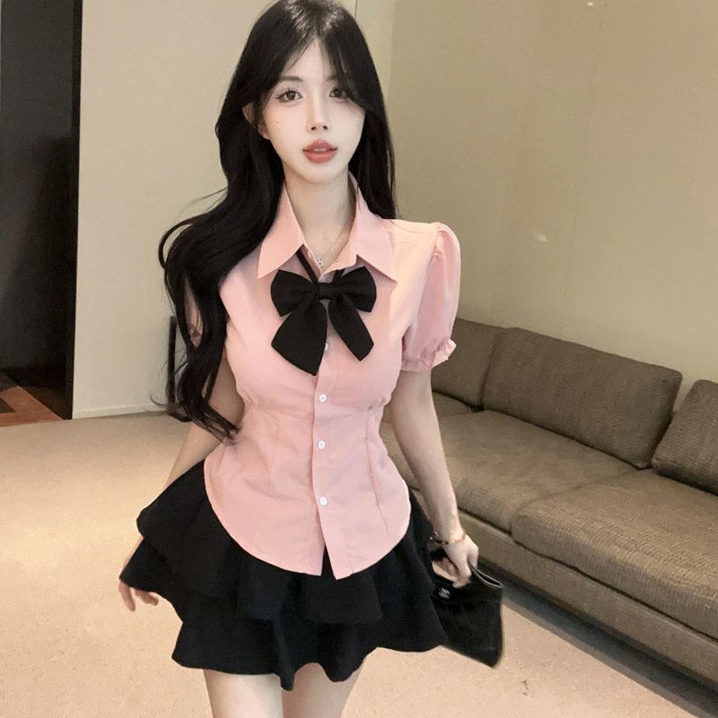 套装学院夏季JK短裙制服jk短袖泡泡衬衫上衣收腰显瘦蓬蓬子女