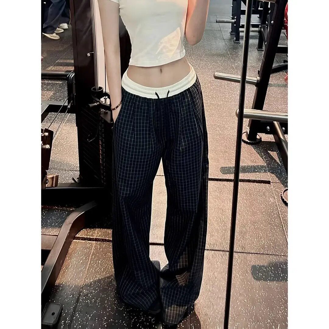 格子裤子男女夏季薄款美式复古藏青色格纹阔腿裤显瘦直筒休闲裤潮