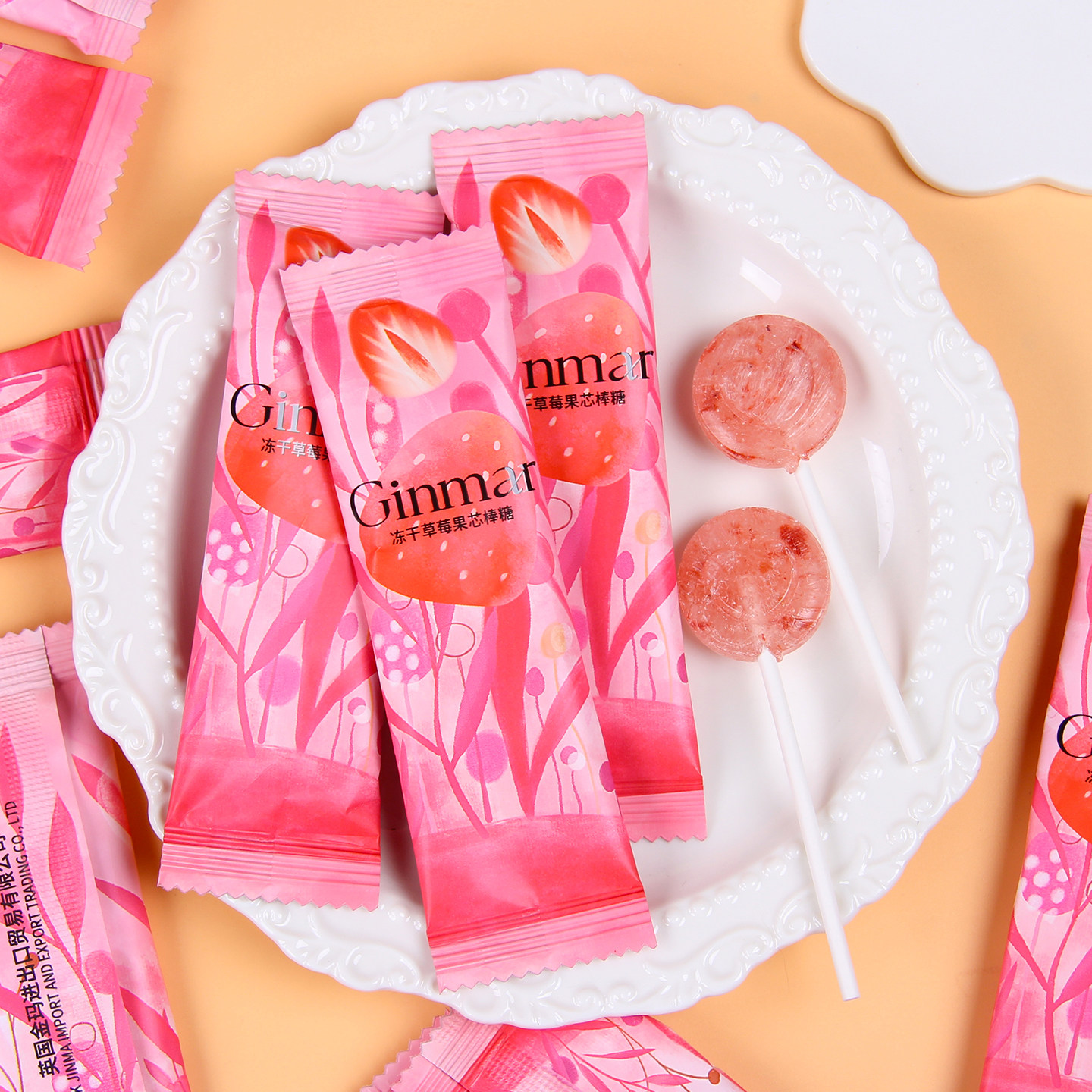英国Ginmar金玛冻干草莓棒棒糖结婚订婚喜糖婚礼糖果休闲小零食