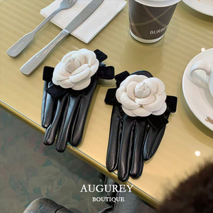 AUGUREY 01/11 香系山茶花手工蝴蝶结手套半指造型感配饰优雅法式