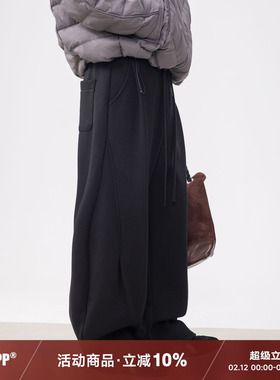 WPP 美式黑色休闲裤冬季潮牌直筒弯刀抽绳卫裤阔腿加绒加厚长裤男