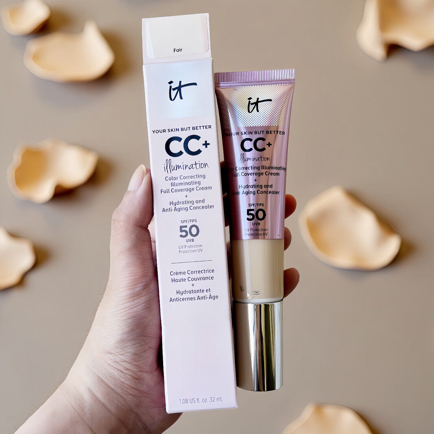 依科美It cosmetics粉管CC霜 遮粉底液32ml 粉色fair#spf50